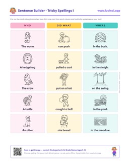 Free printable tricky spellings cut-out sentence building worksheet: “Sentence Builder - Tricky Spellings I” (UFLI lessons 89–94), kindergarten and 1st grade