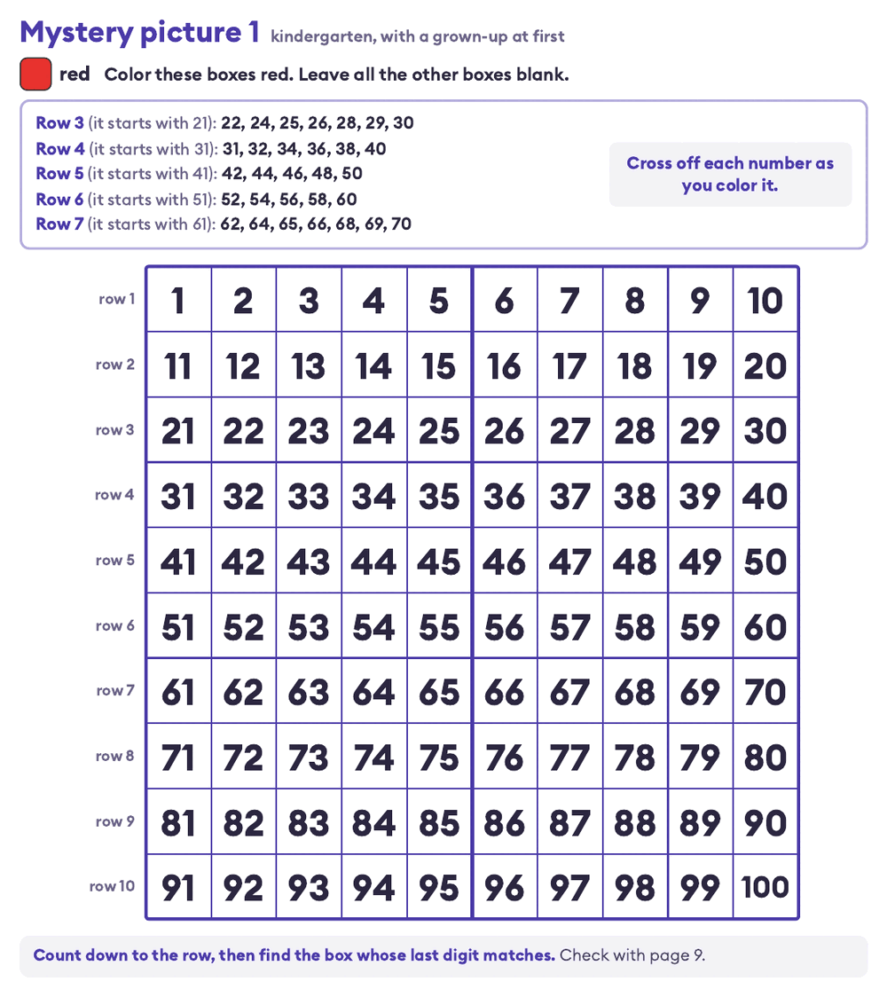 kindergarten hundreds chart mystery picture with a one-color key listed row by row and numbered rows