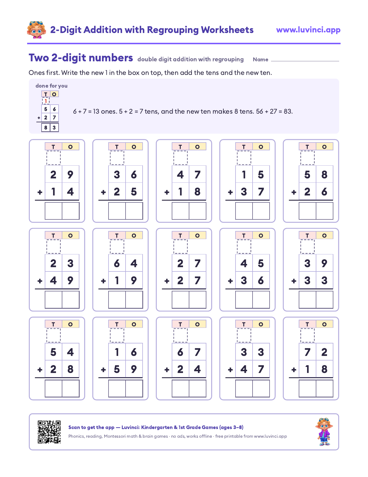 2 digit addition with regrouping worksheet: 15 double digit sums in tens and ones columns with a box for the new ten, 56 + 27 done for you