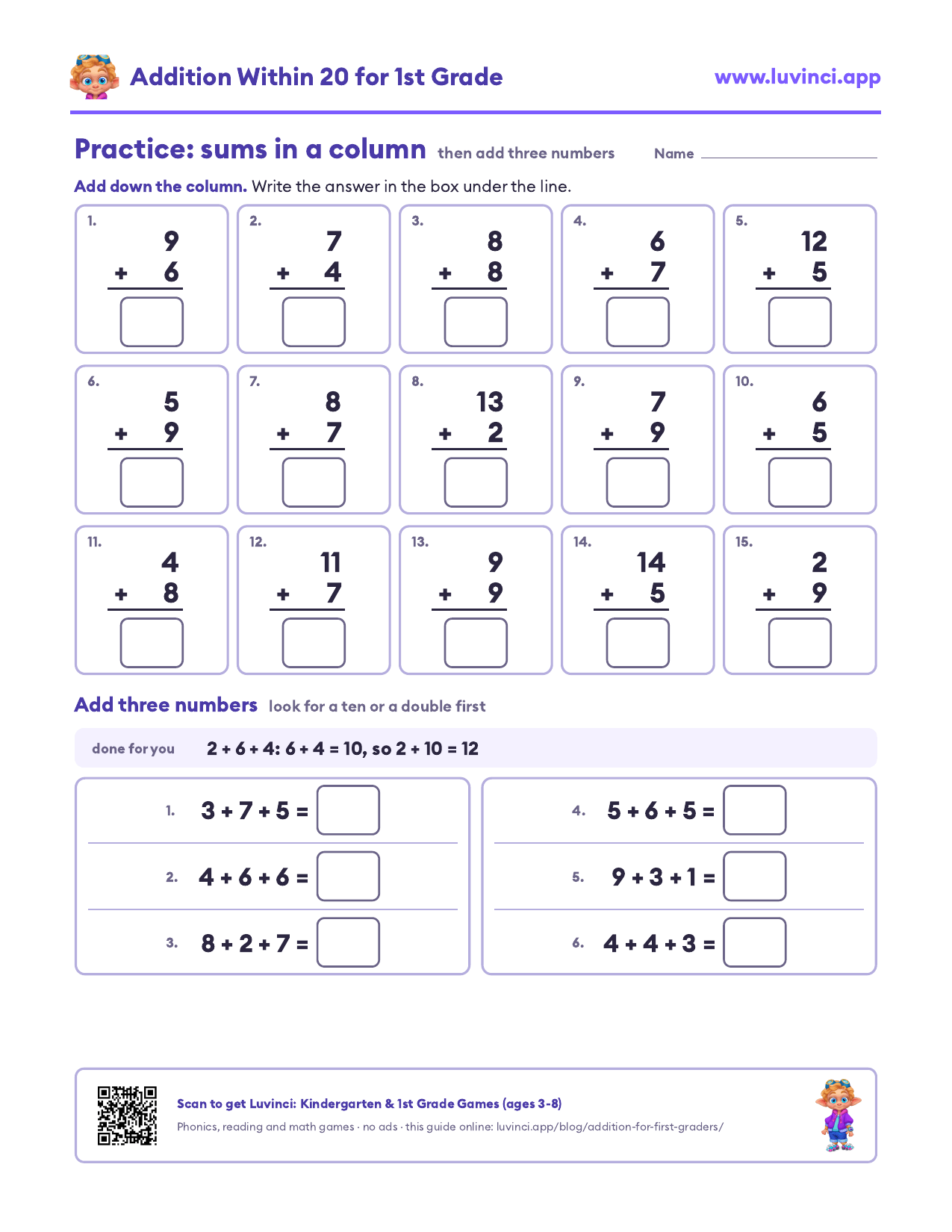 Addition worksheets for first graders: 15 column sums within 20 and 6 add-three-numbers problems, with an answer key