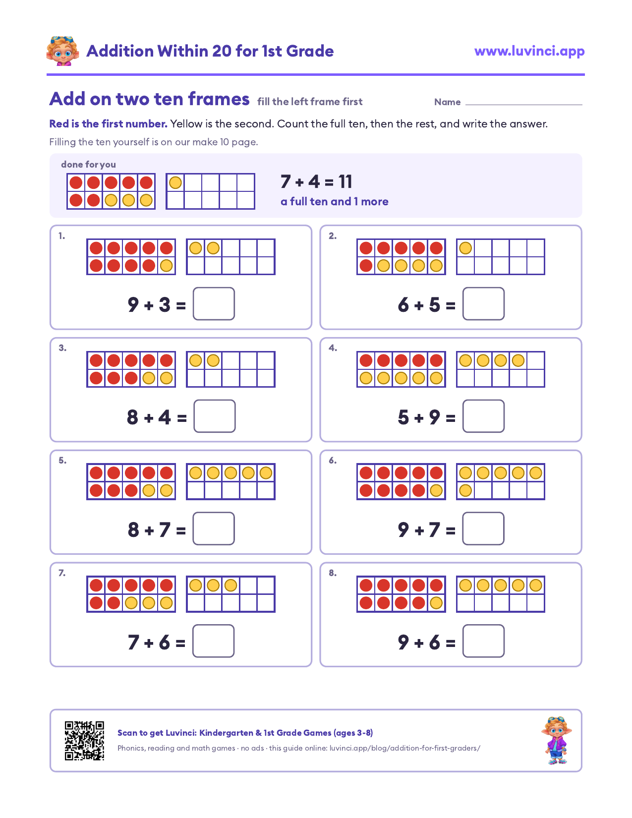 Addition worksheet for 1st graders: sums to 20 on two ten frames, red counters for the first number and yellow for the second, the left frame filled first