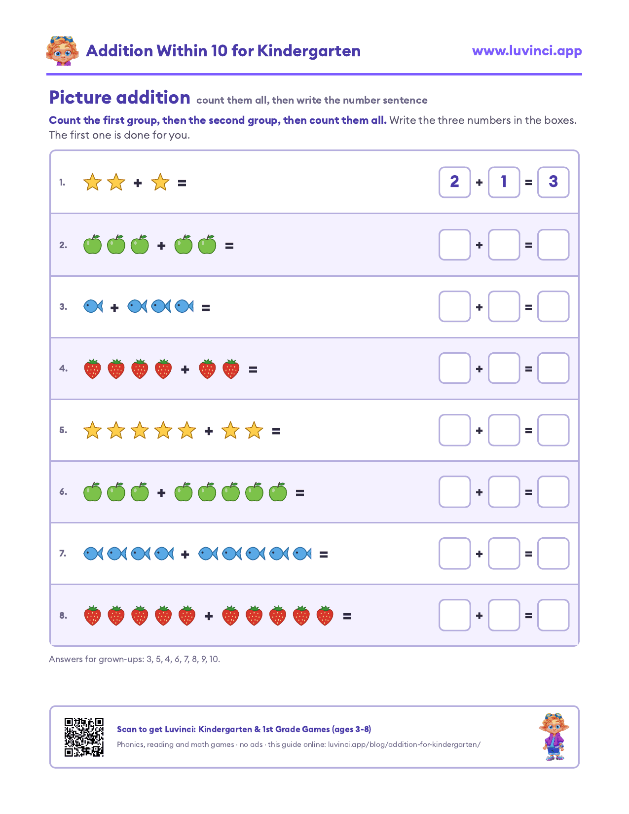 Kindergarten picture addition within 10: count two groups of stars, apples, fish and strawberries, then write the number sentence