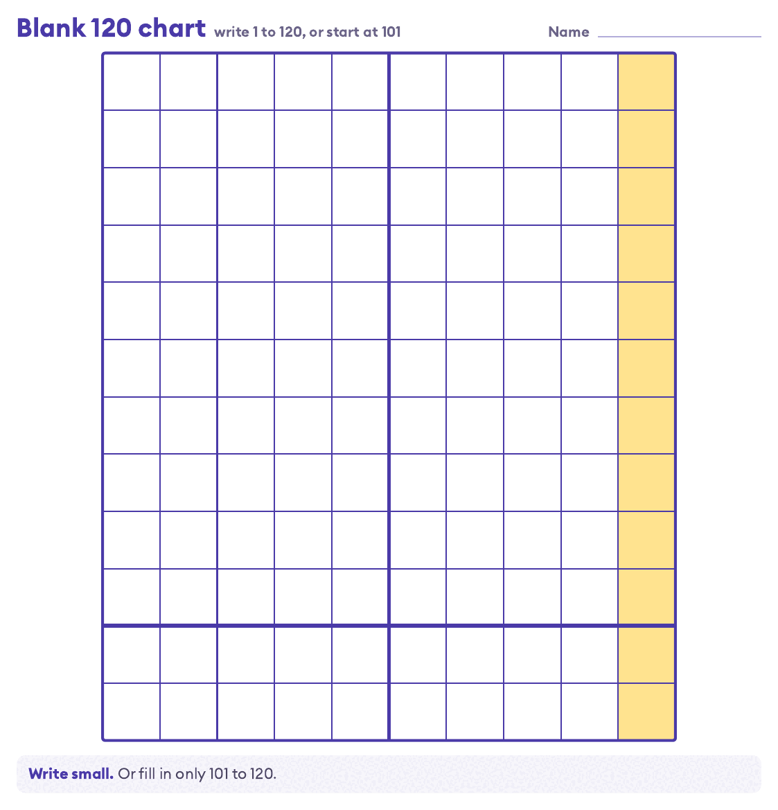 Blank 120 chart: 120 empty boxes in 12 rows of 10