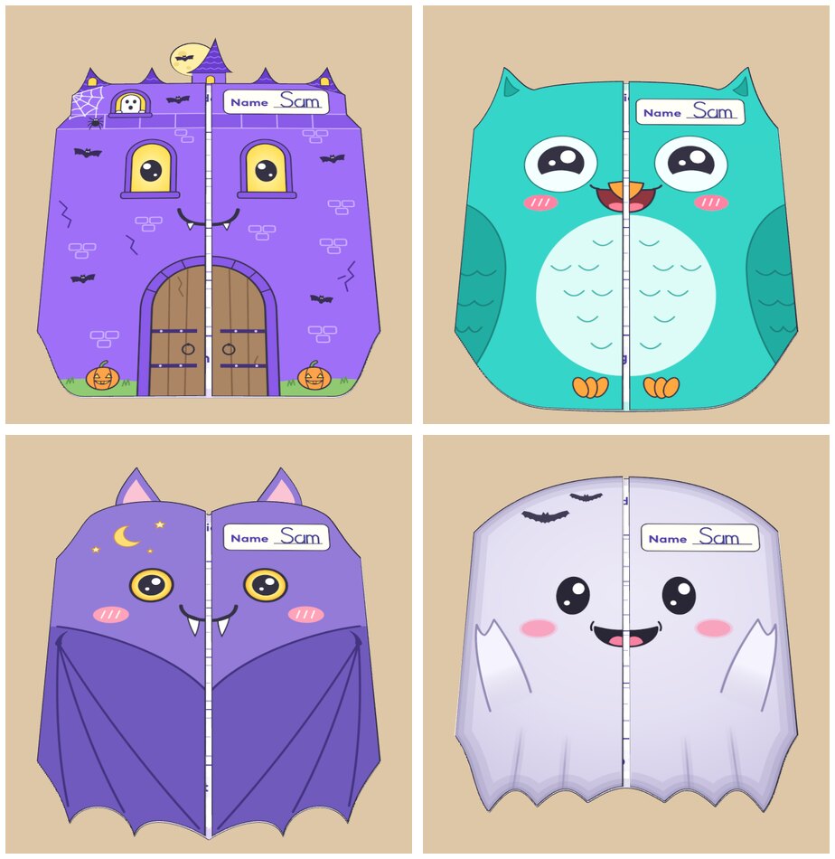 The four crafts closed: a purple haunted castle with glowing window eyes and bats, a laughing turquoise owl, a purple bat with round yellow eyes and fangs and a smiling ghost with pink cheeks, each with a Name box and a seam down the middle