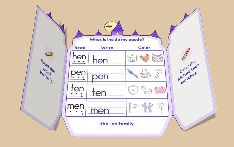 Castle word family craft open: What is inside my castle? with hen, pen, ten and men to read, write and color