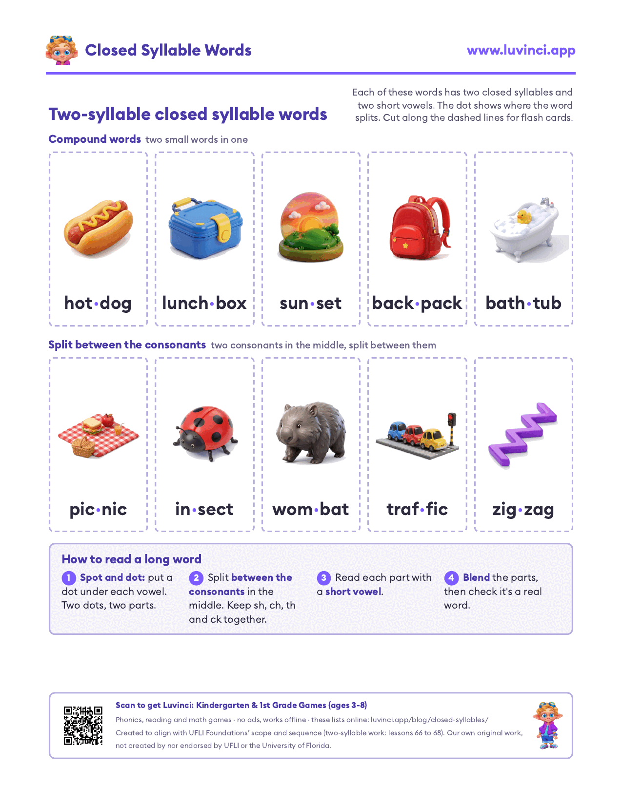 Closed syllable words with pictures: two-syllable cards