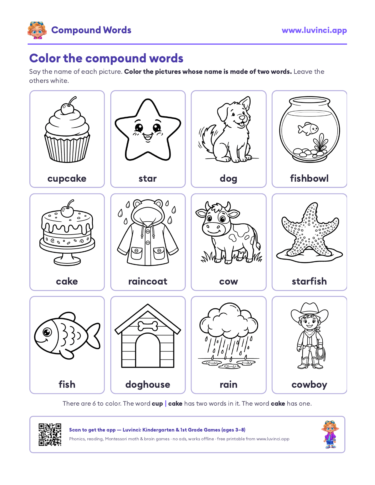 Compound words worksheet: color the pictures whose name is made of two words