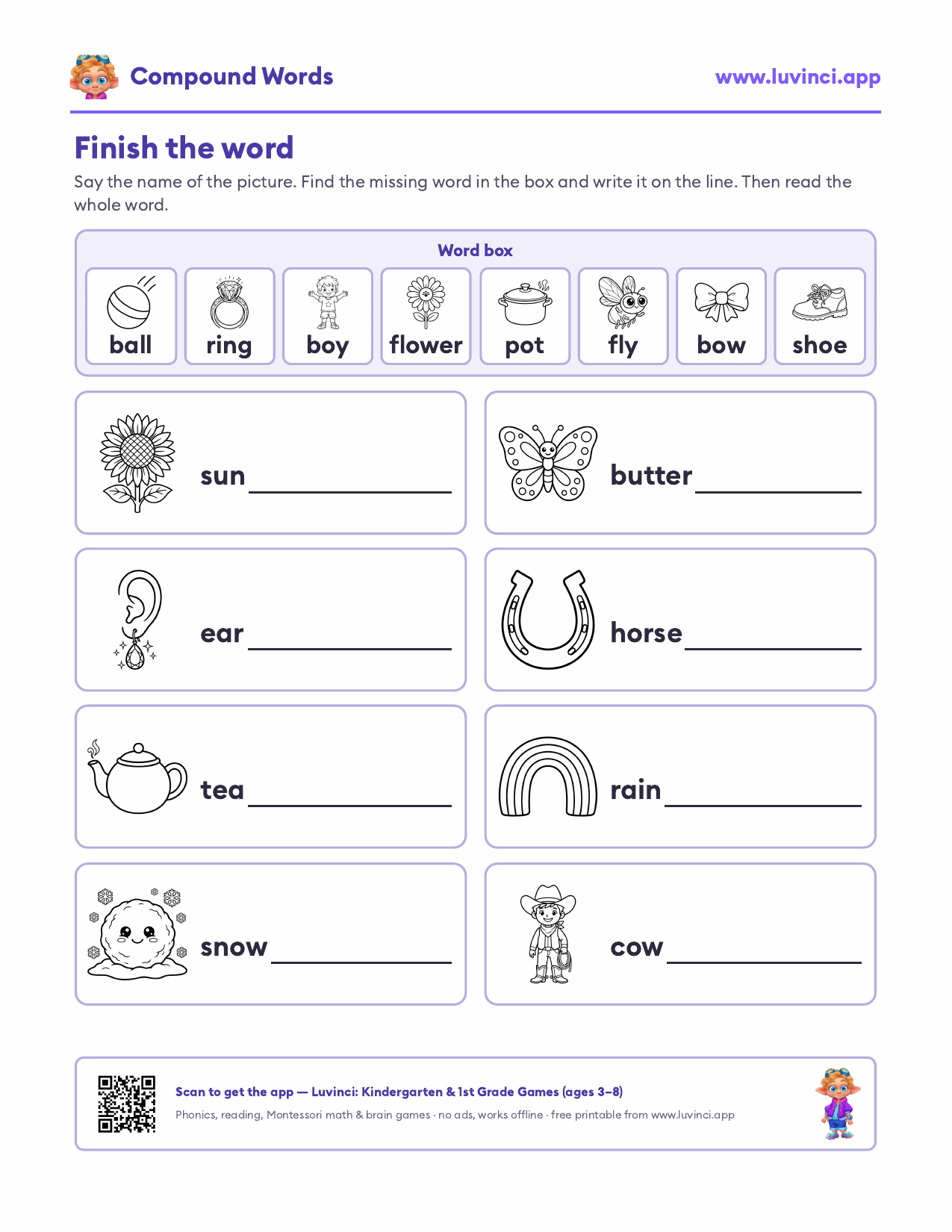 Compound words worksheet: finish the word with a picture word bank
