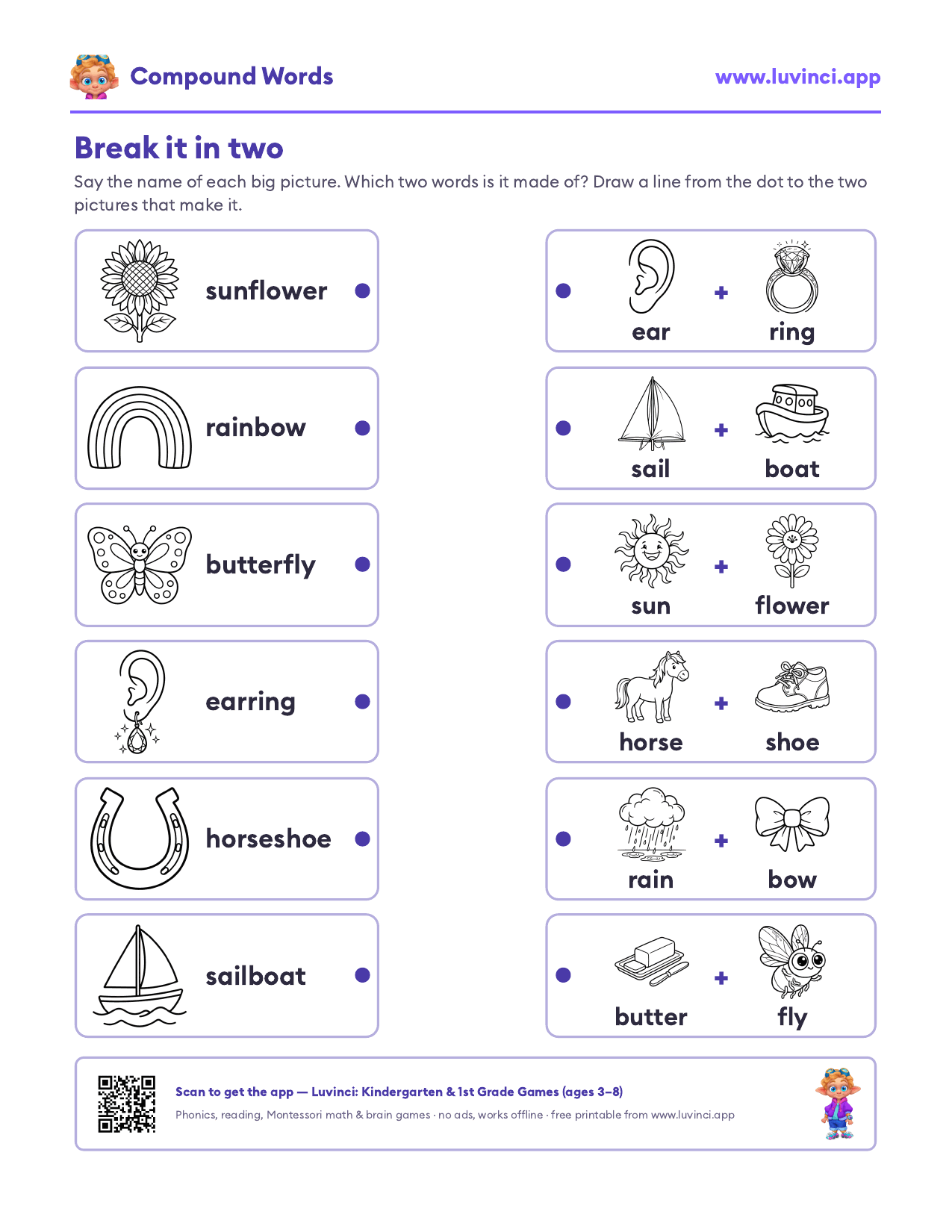 Compound words worksheet: match each picture to its two halves