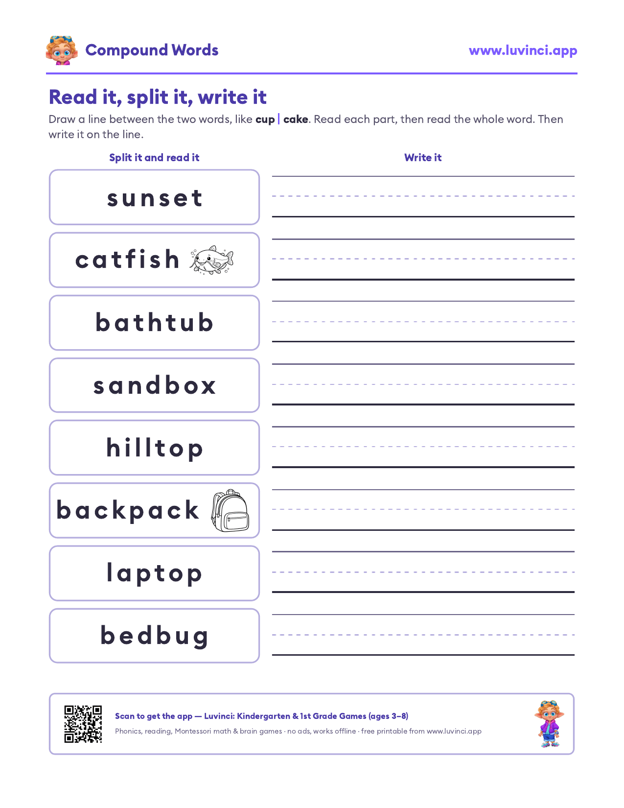 Compound words worksheet: read it, split it into two words, write it