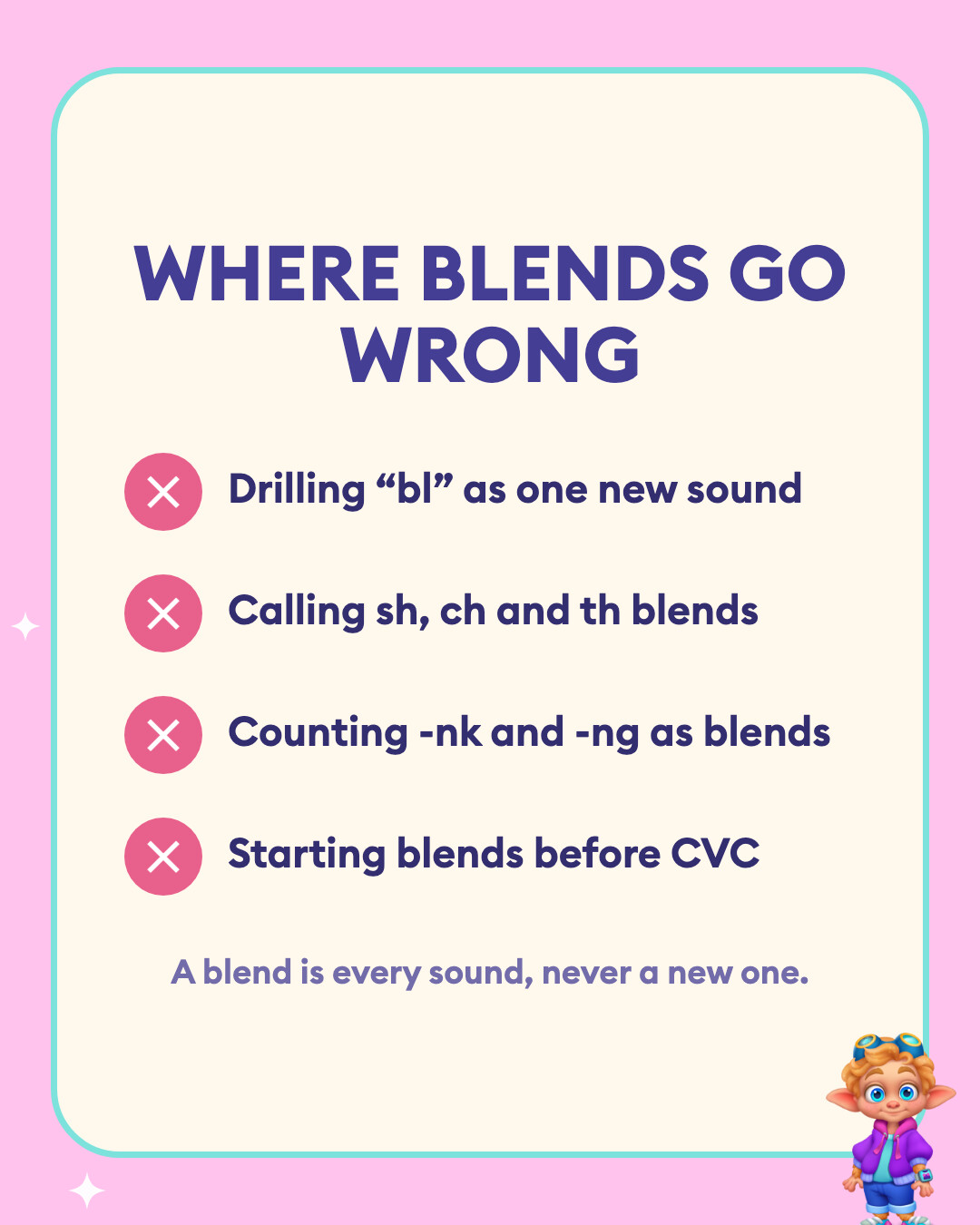 Where blends go wrong: Drilling “bl” as one new sound, Calling sh, ch and th blends, Counting -nk and -ng as blends, and Starting blends before CVC.