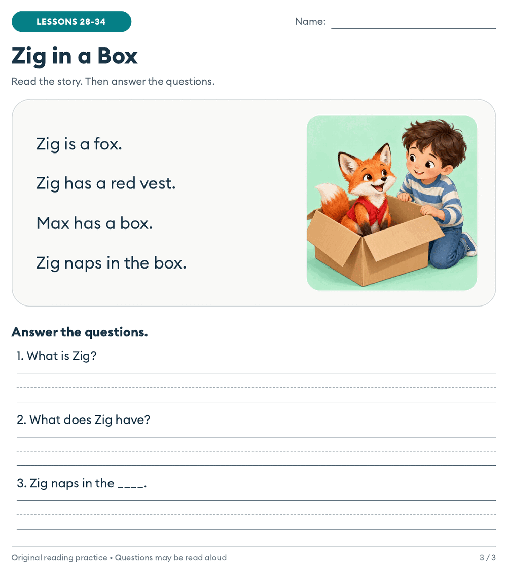 Kindergarten decodable story Zig in a Box: four short sentences about a fox in a red vest who naps in a box, a picture, and three questions with write-in lines