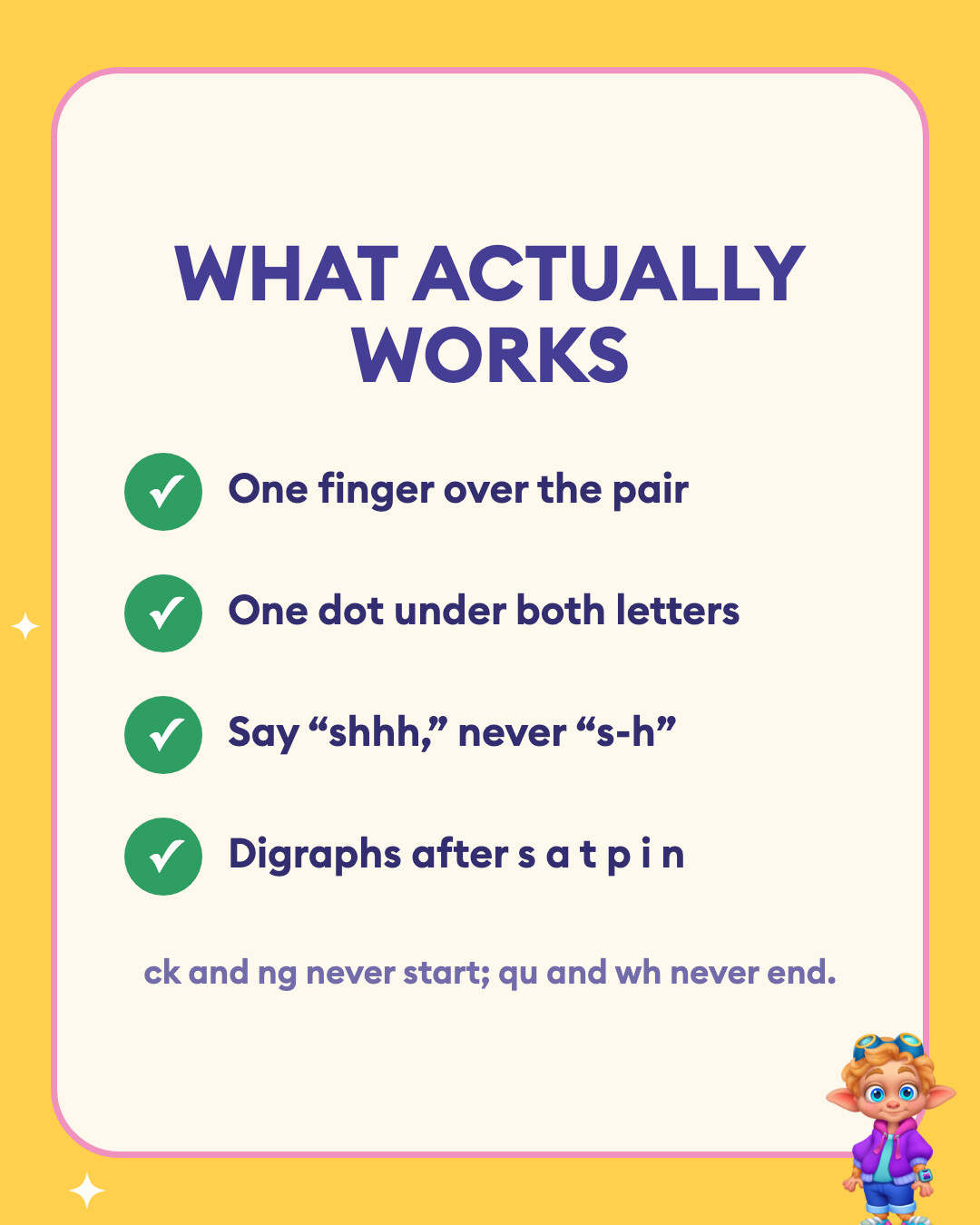 What actually works: One finger over the pair, One dot under both letters, Say “shhh,” never “s-h”, and Digraphs after s a t p i n.