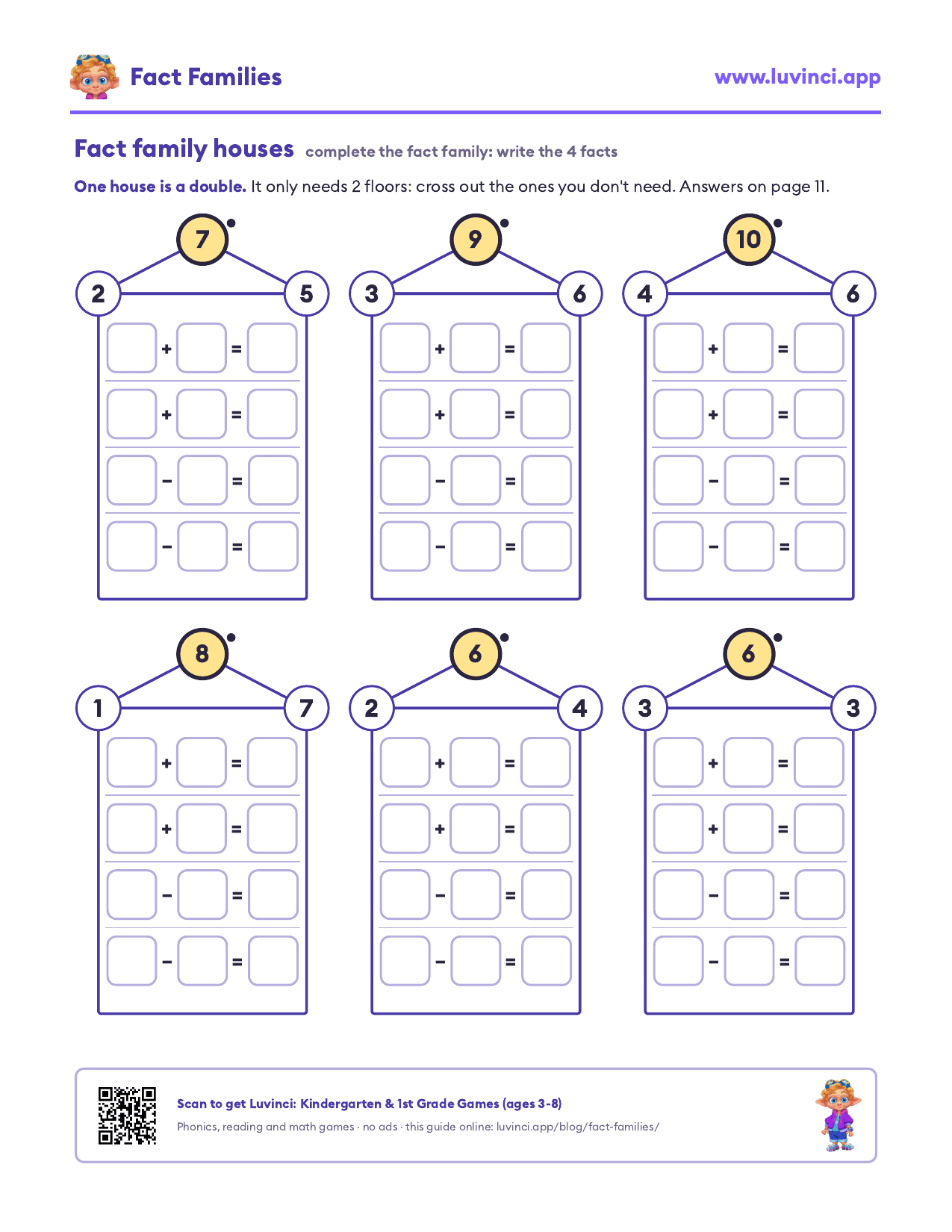 Fact family houses: six houses with three numbers in each roof and four floors to write the addition and subtraction facts