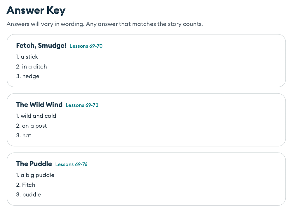 Answer key page for Fetch, Smudge!, The Wild Wind and The Puddle