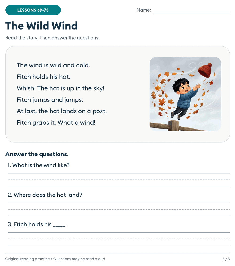 Reading comprehension worksheet for first graders: The Wild Wind, a six-sentence decodable story for lessons 69-73 with a picture of a boy jumping for his hat in the wind
