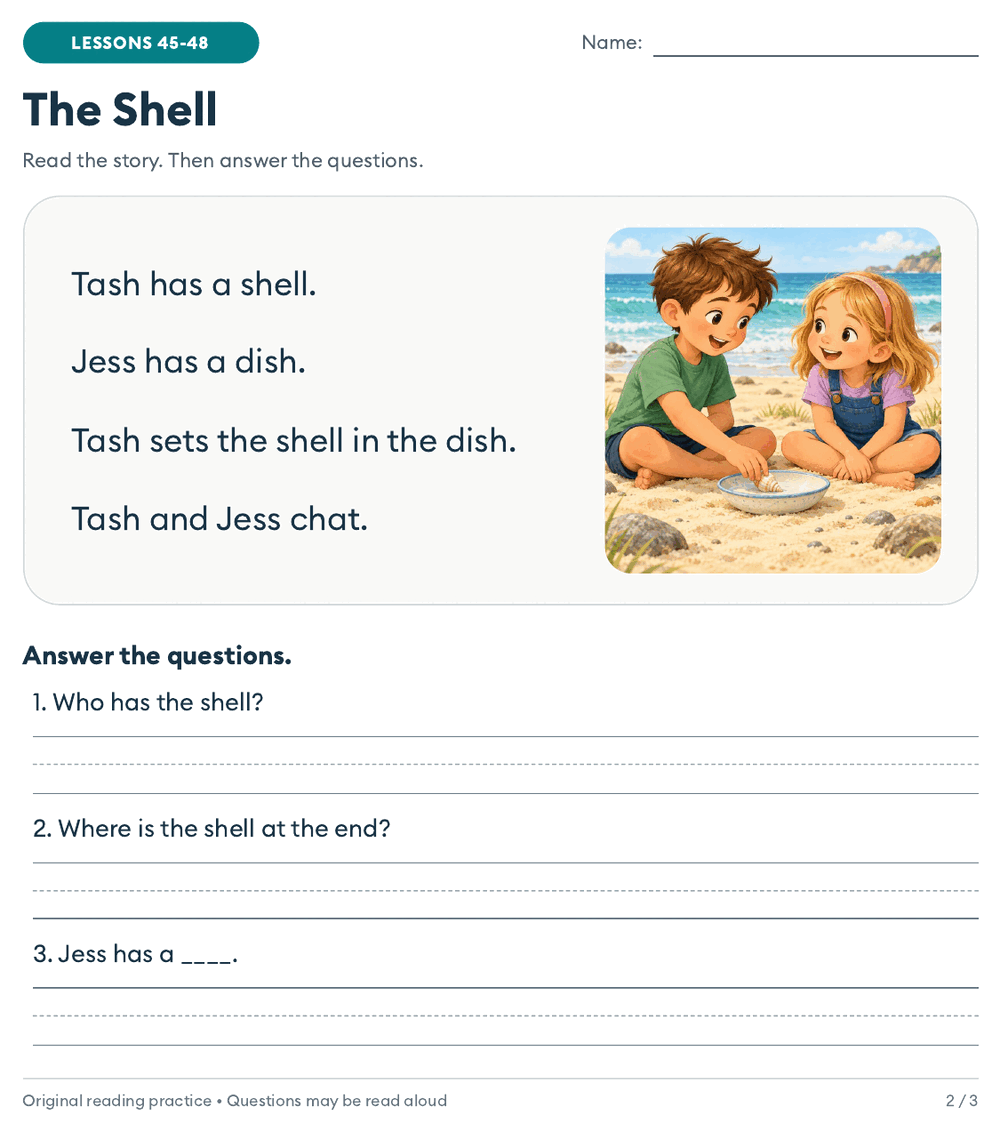 The Shell: a four-sentence story with sh and ch words about two children putting a shell in a dish on the beach, a picture and three questions