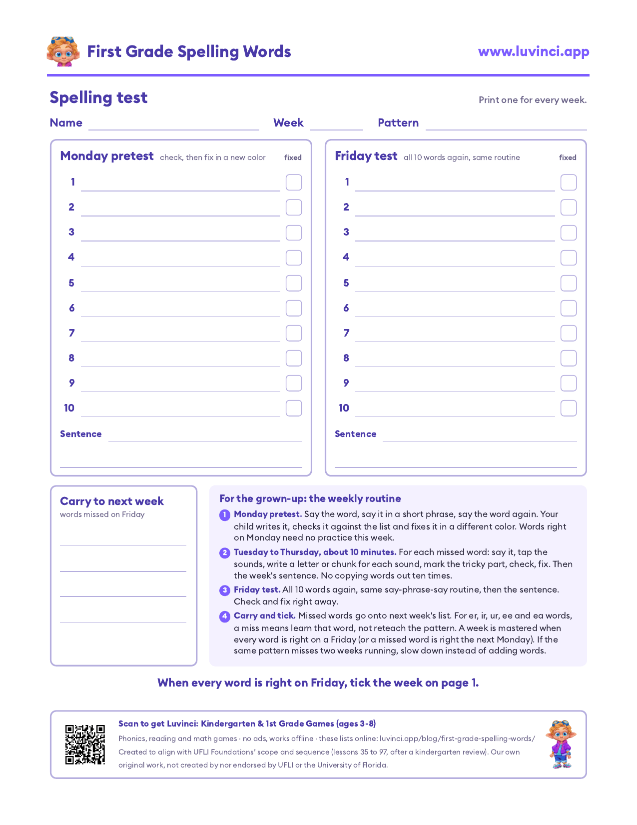 Printable spelling test sheet for first graders: Monday pretest, Friday test and words to carry over