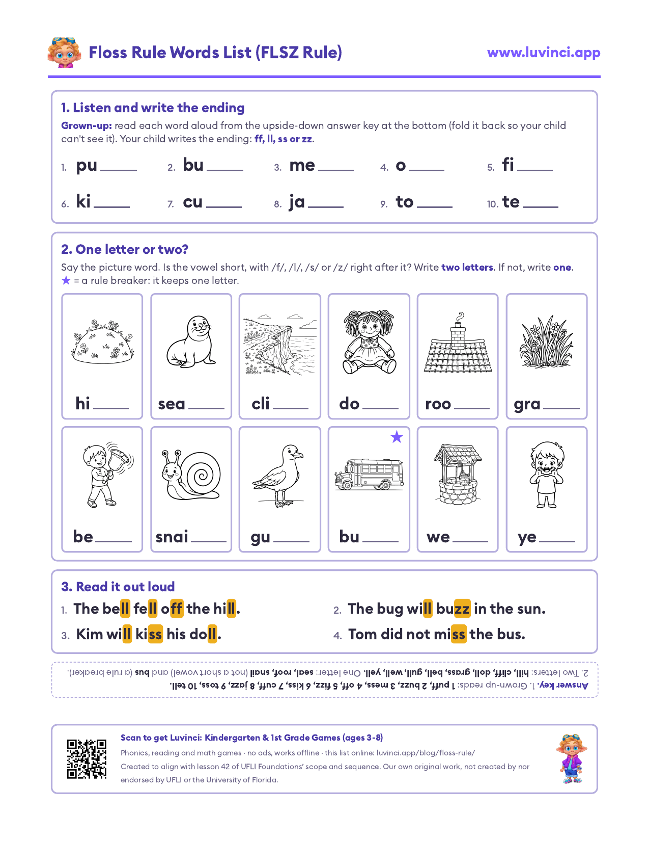 Floss rule worksheet: one letter or two? ff, ll, ss, zz