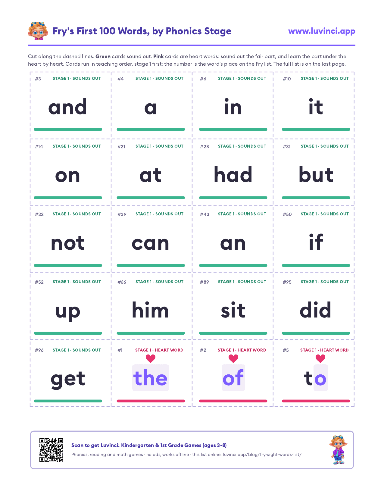 Fry sight word flash cards: printable cut-out cards for the first 100 Fry words, green cards sound out, pink cards put a heart over the tricky part