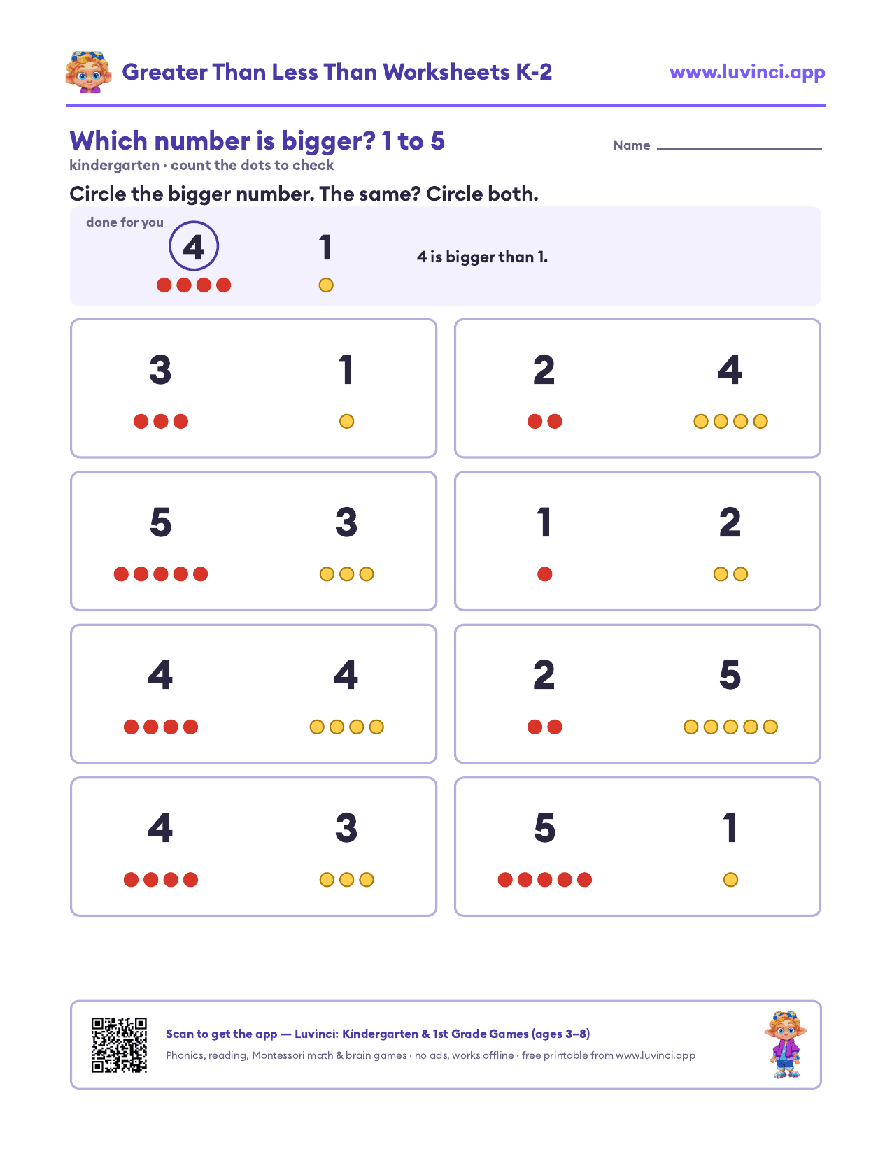 Comparing numbers worksheets for kindergarten: which number is bigger, 1 to 5, with dots under each number to count