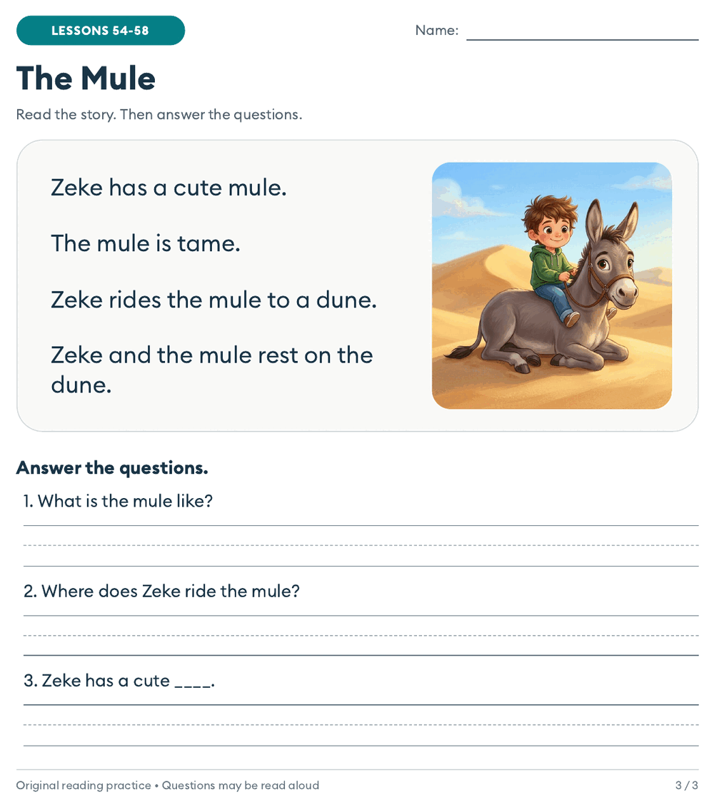 Decodable story for kindergarten with magic e words: The Mule, a short story with a picture of a boy riding a mule on a sand dune, and three questions