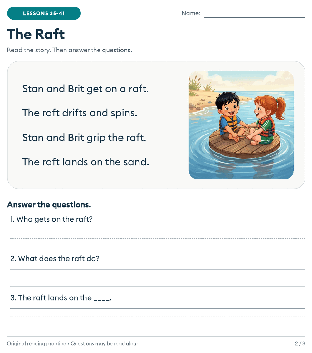 Kindergarten reading passage with blends: The Raft, a short story about two children on a raft, with a picture and three questions