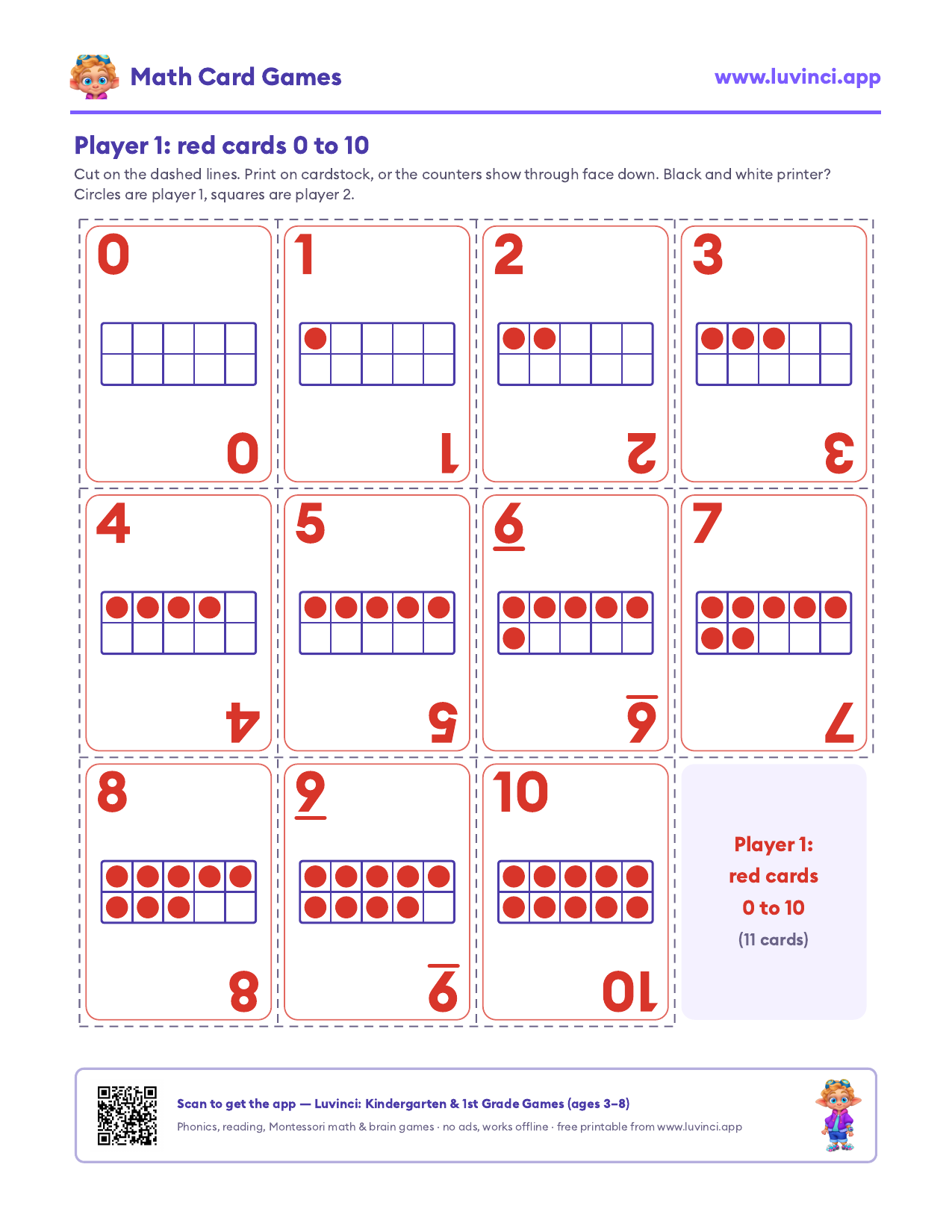 Player 1 printable cards 0 to 10, red circles in a ten frame on each