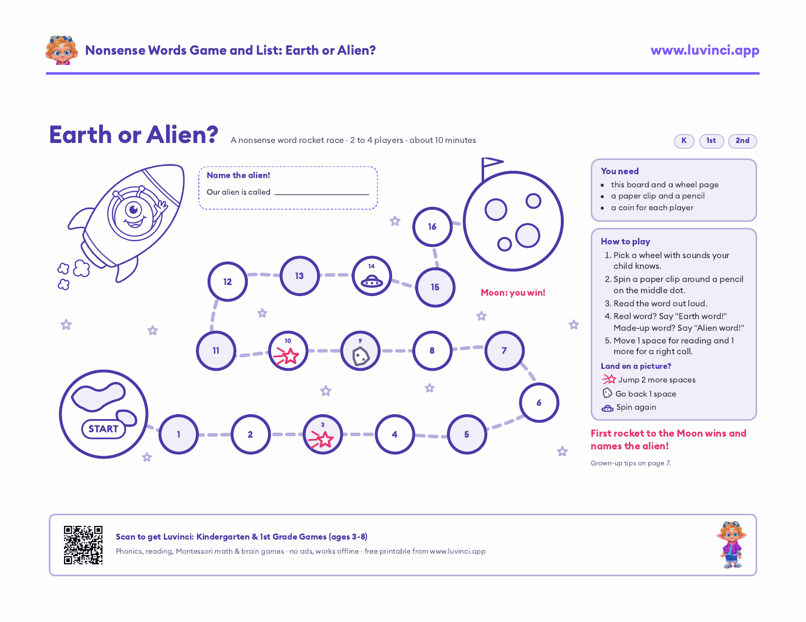 Earth or Alien? nonsense words game: a rocket race from Earth to the Moon