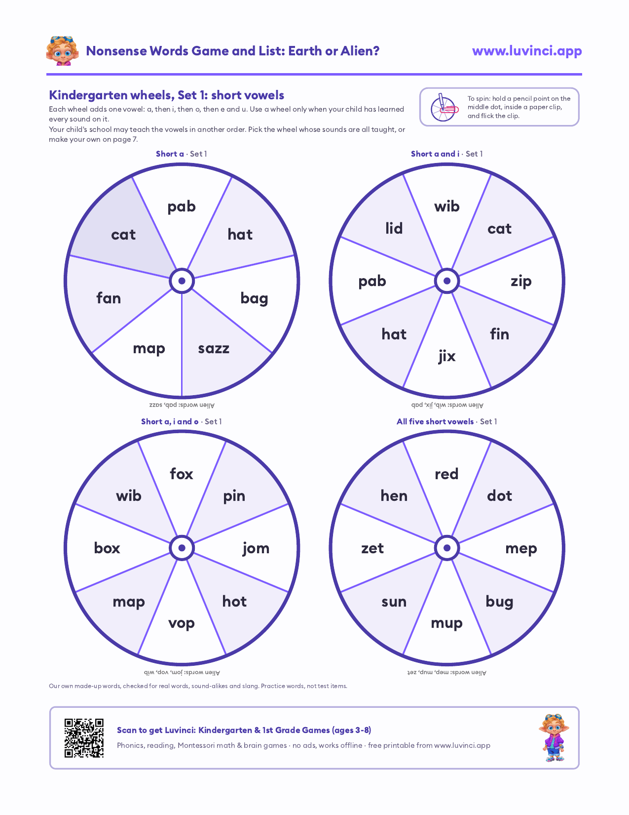 Nonsense word spinner wheels for kindergarten: short a, i, o, e and u