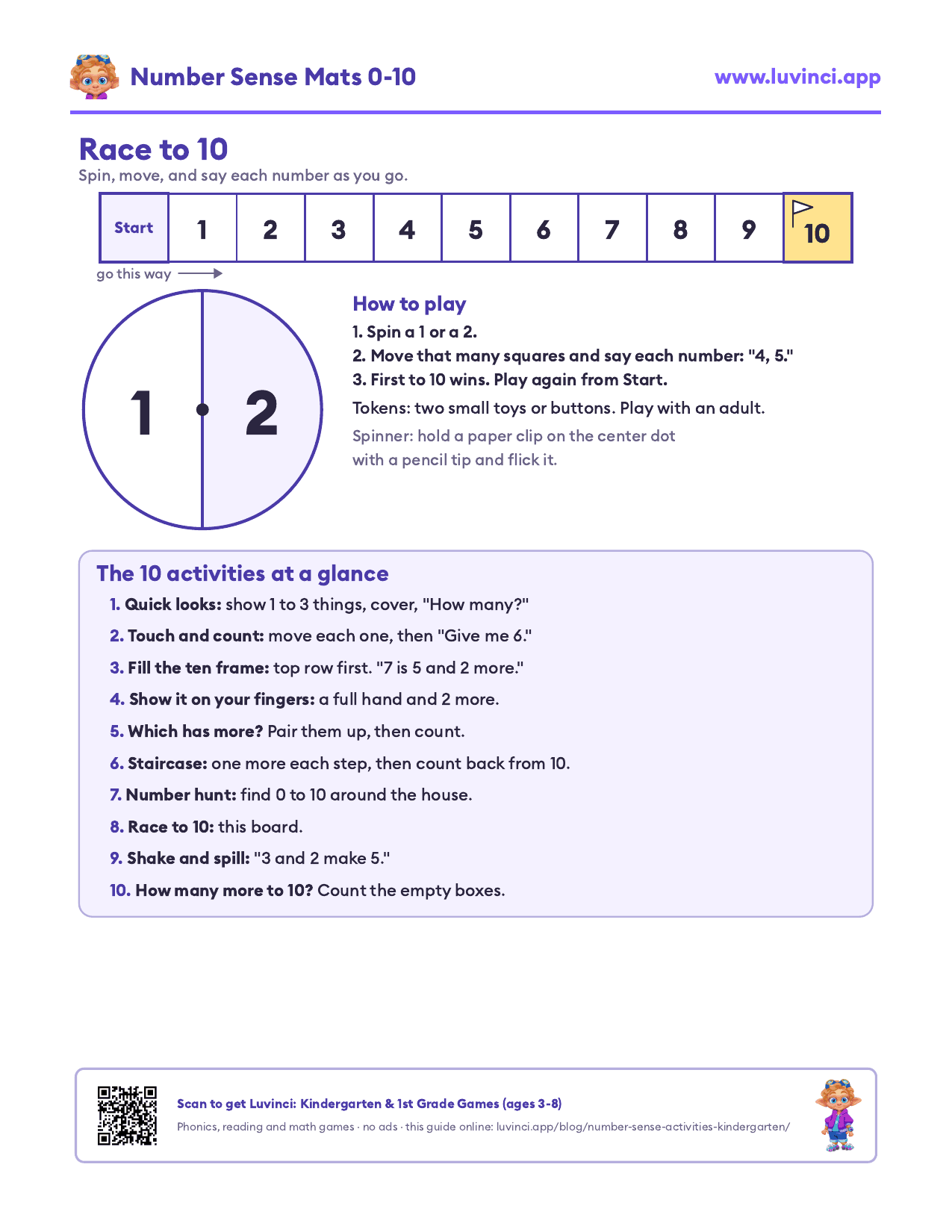 Race to 10 board: a straight path from 1 to 10 with a 1 or 2 spinner, plus 10 counting activities on one list