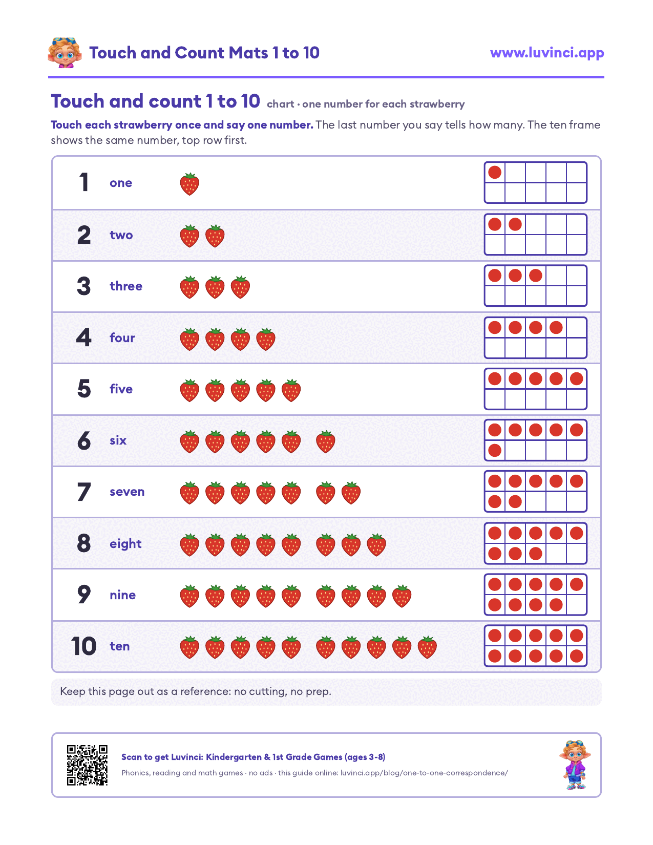 One to one correspondence worksheets, page 1: a touch and count chart 1 to 10 with each number, its word, a row of strawberries to touch and a ten frame with red counters