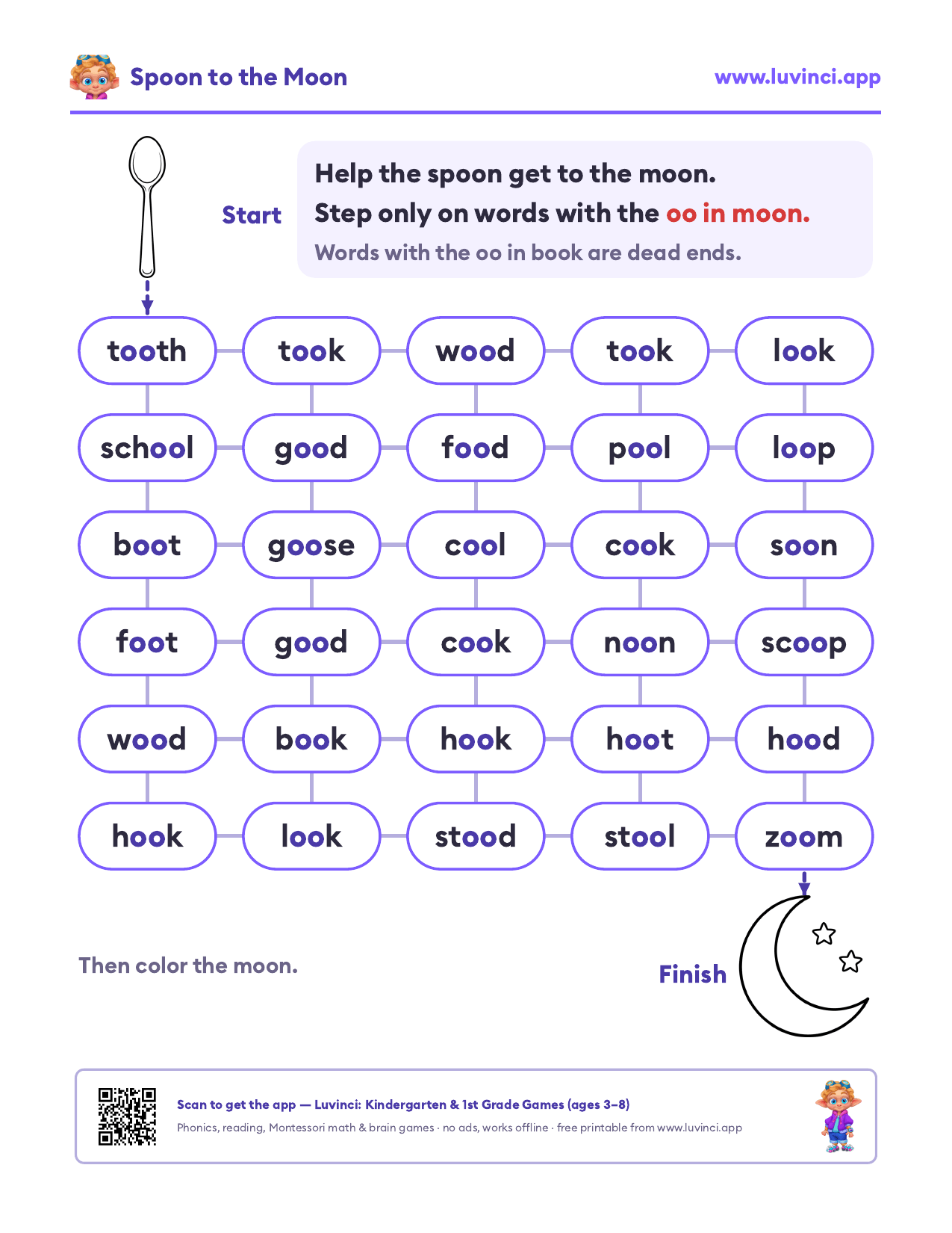OO words maze: help the spoon get to the moon by stepping only on moon-sound words like tooth, school and food