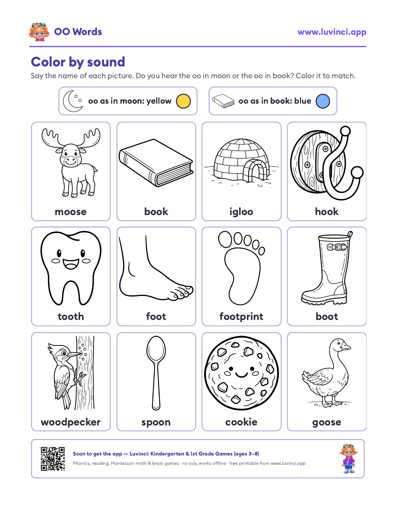 OO words worksheet: color the moon-sound pictures yellow and the book-sound pictures blue