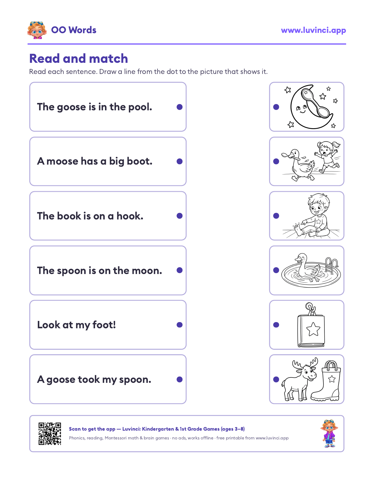 OO words worksheet: read six silly sentences, like The goose is in the pool, and match each one to its picture