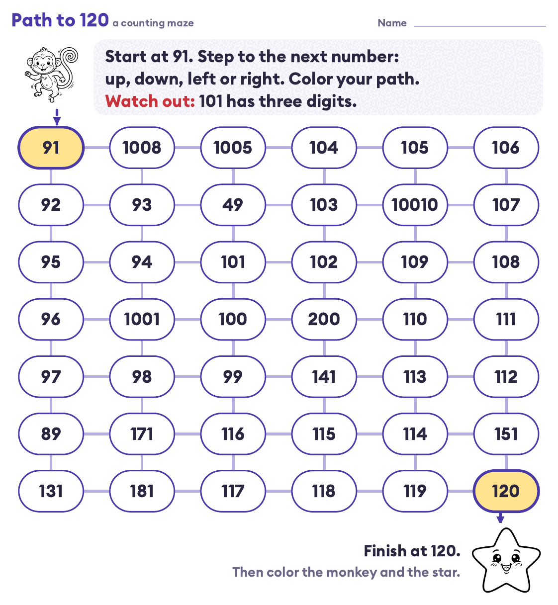 Path to 120 counting maze: start at 91 and step to the next number up, down, left or right until 120, with 1001 and 10010 as traps