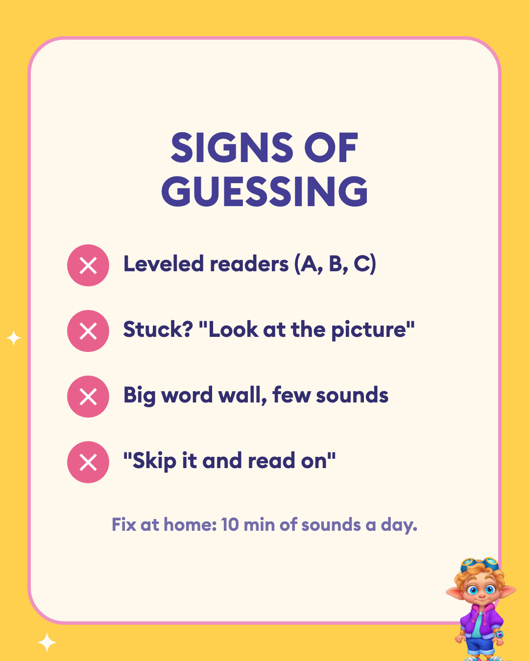 Checklist of signs a school teaches whole language or guessing: leveled readers A, B, C, the stuck-word prompt is look at the picture, a big word wall with few sounds, and skip it and read on.