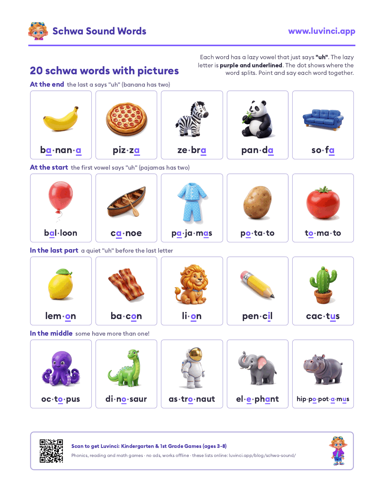 Schwa words list with pictures: 20 pictures from banana to hippopotamus