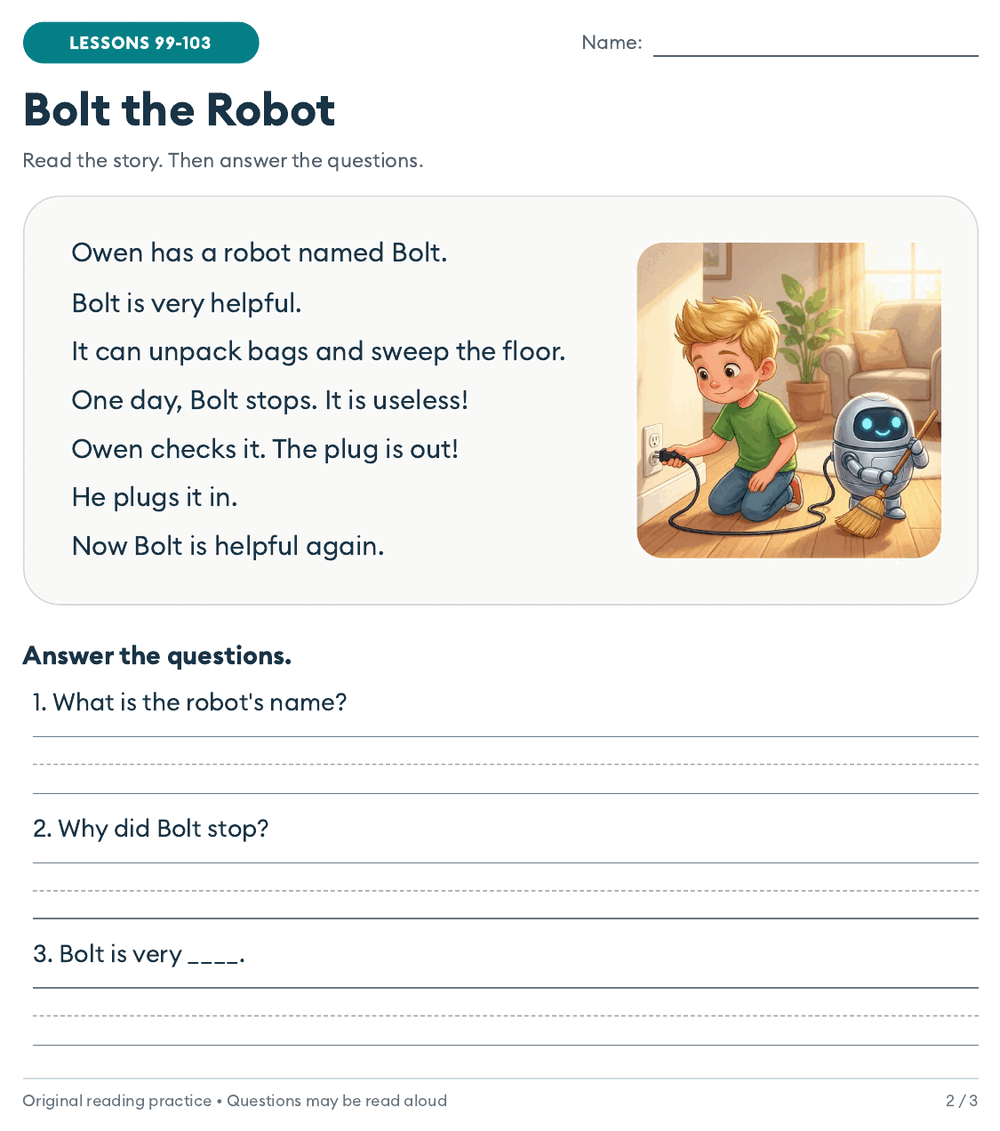 Reading passage for 2nd graders: Bolt the Robot, a short story with unpack, helpful and useless, a picture of a boy plugging in his robot, and three comprehension questions