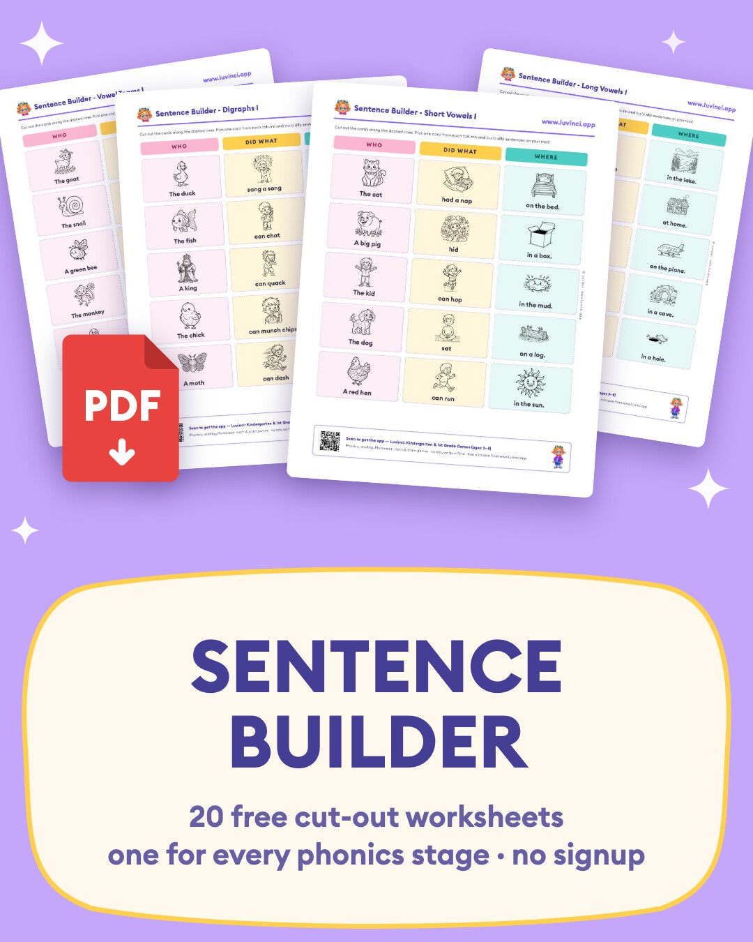 Four free cut-out sentence building worksheets fanned out with a PDF download icon: who, did what and where picture cards for short vowels, digraphs, long vowels and vowel teams.