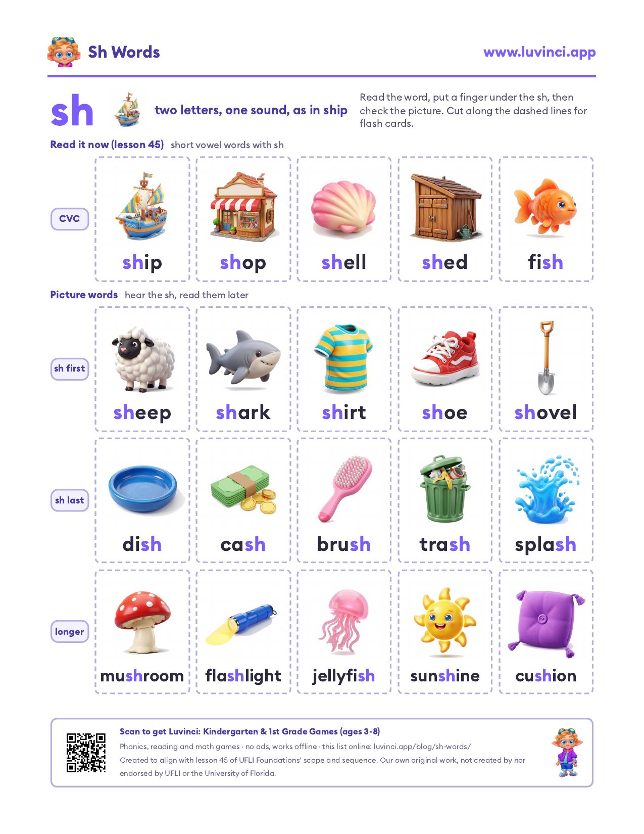 Sh words with pictures: 20 flash cards, including ship, shop, shell, fish and sheep