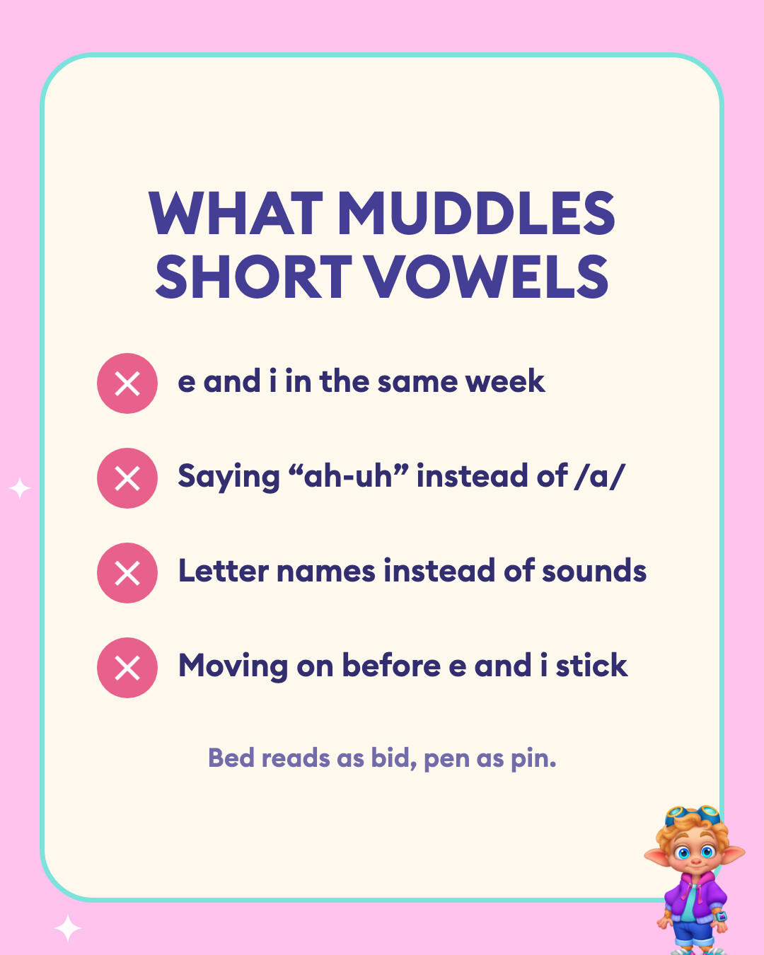 What muddles short vowels: e and i in the same week, Saying “ah-uh” instead of /a/, Letter names instead of sounds, and Moving on before e and i stick.