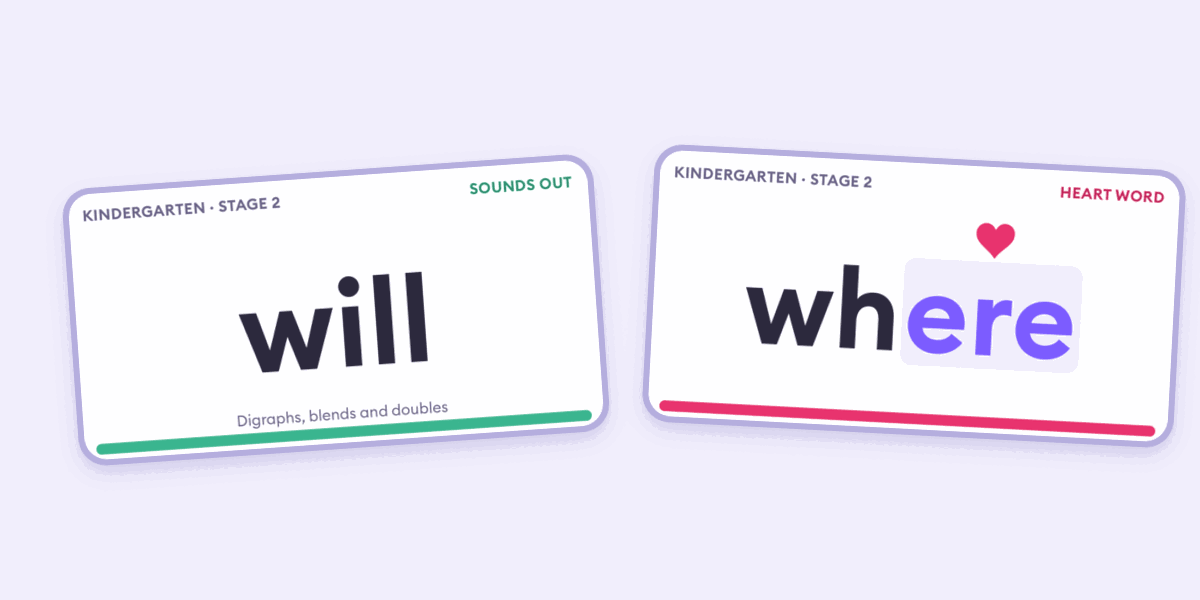Free printable sight word flash cards up close: a green card for will, which sounds out, and a pink heart word card for where, with a heart over the ere