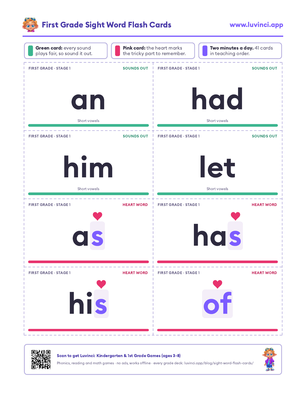 First grade sight word flash cards, page 1: green cards for an, had, him and let, pink heart cards for as, has, his and of