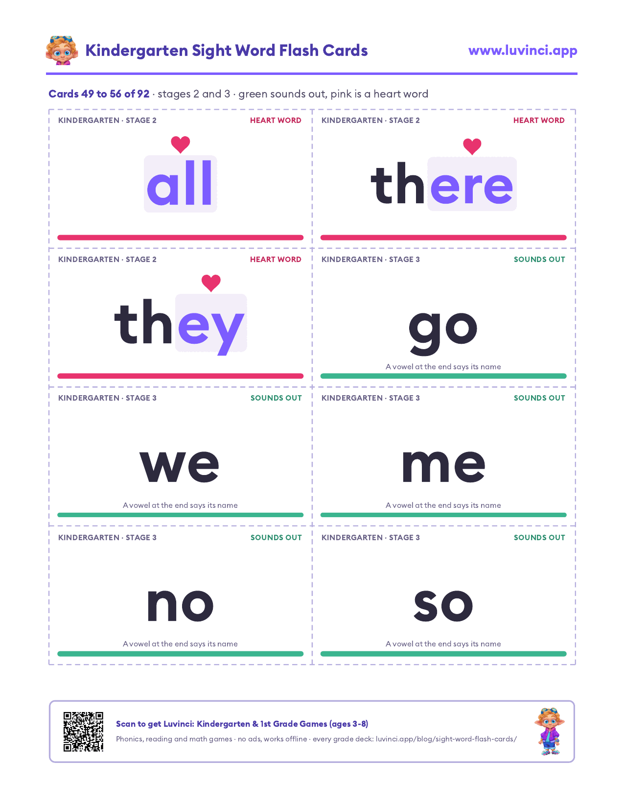 Kindergarten sight word flashcards printable PDF, page 7: pink heart cards for all, there and they, green cards for go, we, me, no and so