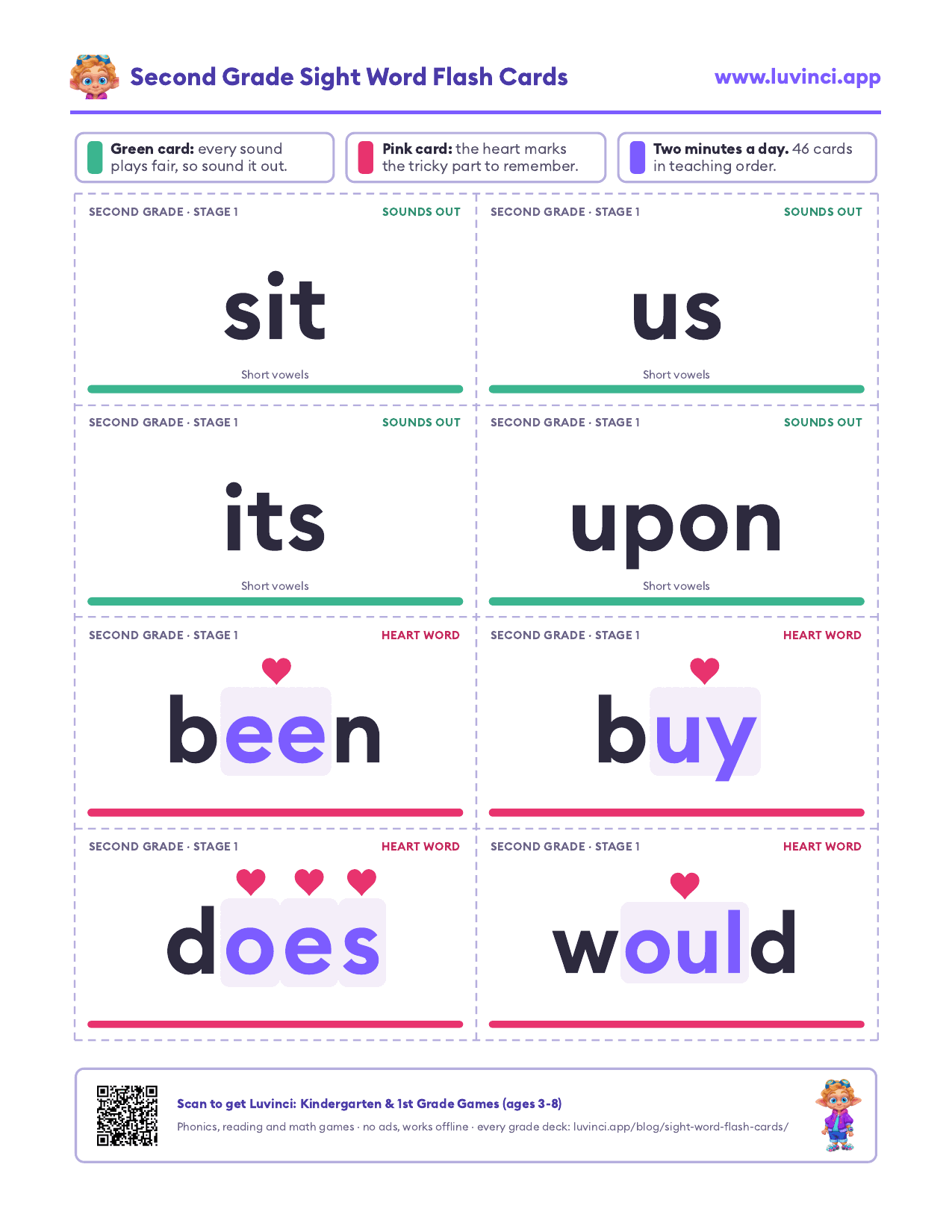 Second grade sight word flash cards, page 1: green cards for sit, us, its and upon, pink heart cards for been, buy, does and would