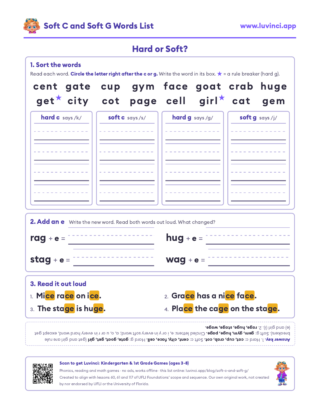 Soft c and soft g worksheet: hard or soft sort