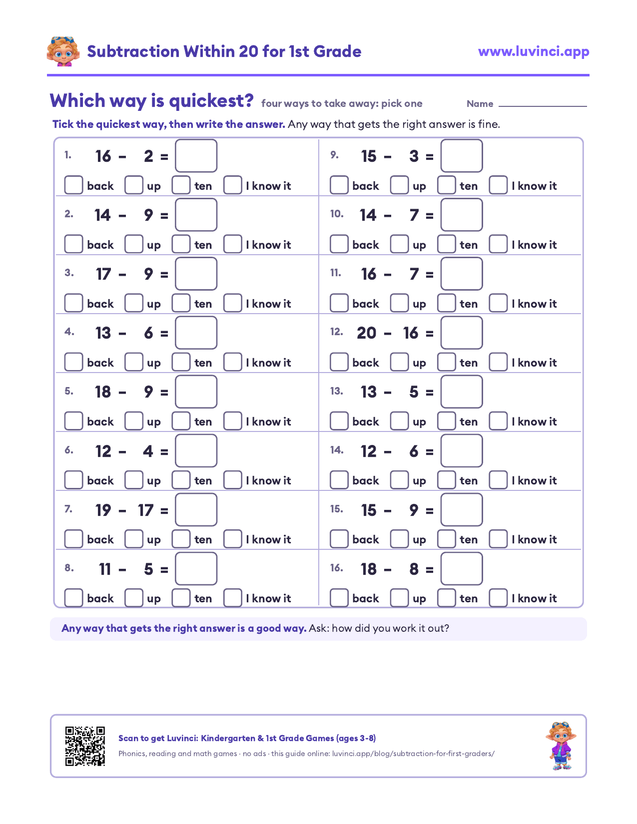 Which way is quickest? A first grade subtraction page: tick count back, count up, ten or I know it for each take-away within 20, then write the answer