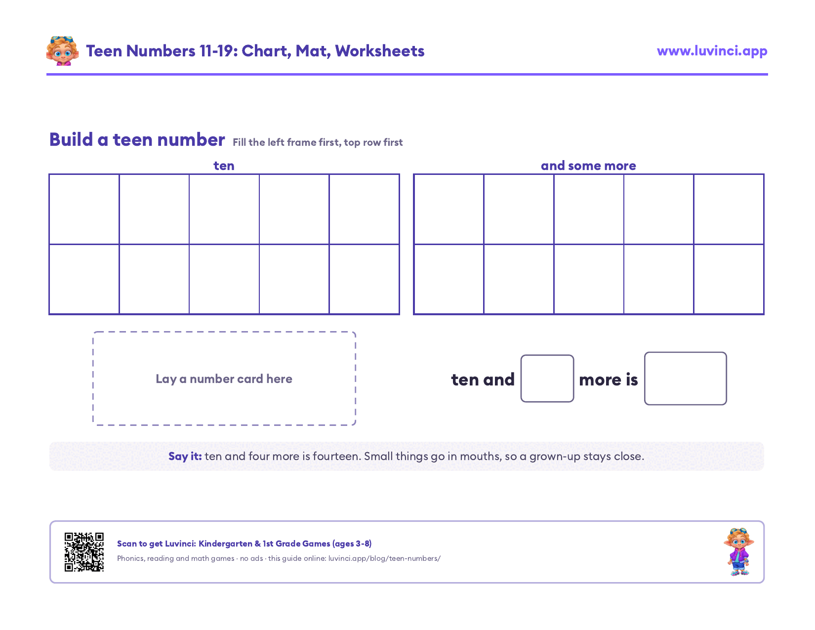 Ten frame worksheet for 11-20: a build-a-teen-number mat with two empty ten frames, a place for a number card and a ten and some more line to fill in