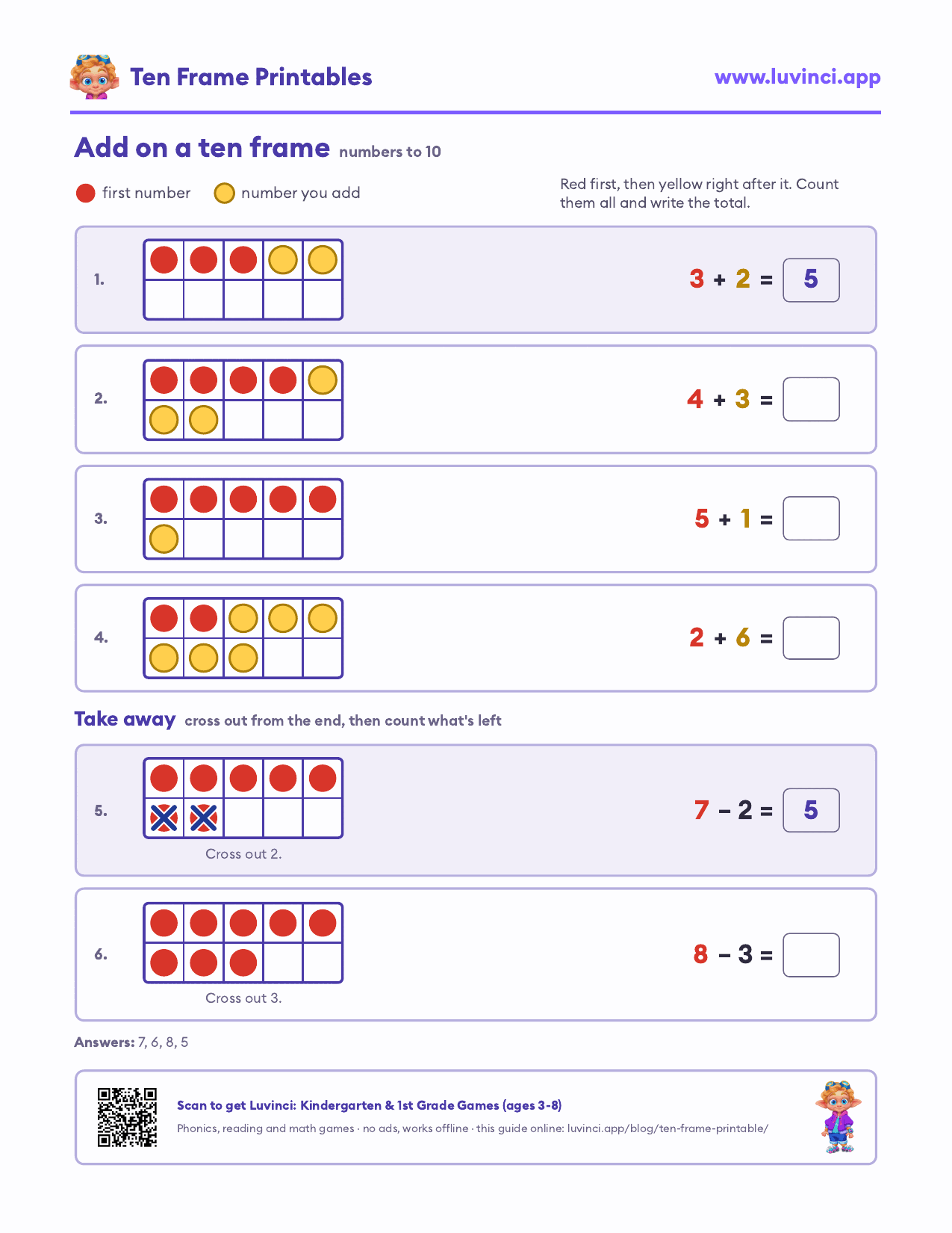 Ten frame addition within 10: each sum on one ten frame with red for the first number and yellow for the number added, plus take-away by crossing out dots